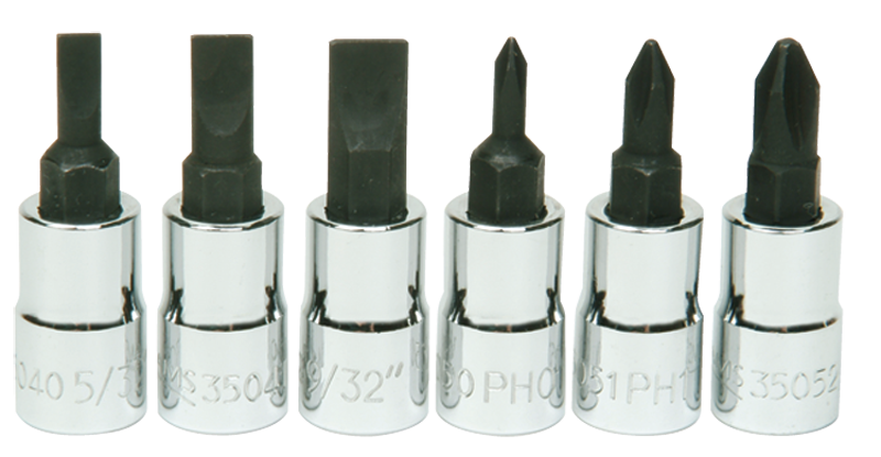 6 Piece - #9309068 - #0; #1; #2 Phillips; 5/32; 7/32; 9/32" Slotted - 1/4" Drive - Socket Drive Hex Bit Set - Top Tool & Supply