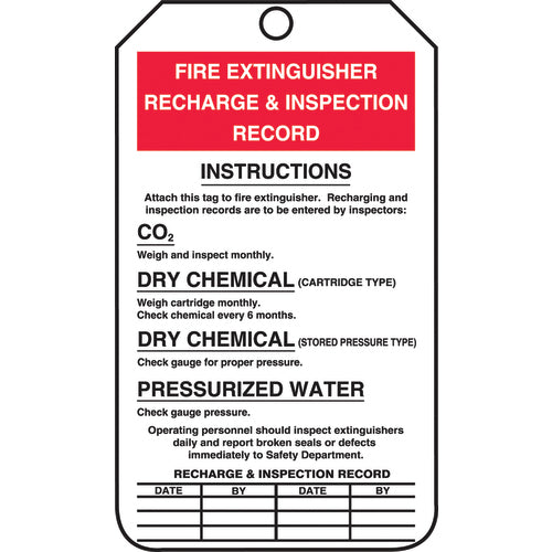 Fire Extinguisher Tag, Recharge & Inspection Record, 25/Pk, Cardstock - Top Tool & Supply