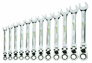 12 Piece - 12 Pt Ratcheting Flex-Head Combination Wrench Set - High Polish Chrome Finish - Metric 8mm - 19mm - Top Tool & Supply