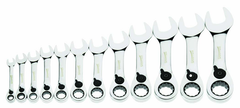 12 Piece - 12 Pt Ratcheting Stubby Combination Wrench Set - High Polish Chrome Finish - Metric; 8mm - 19mm - Top Tool & Supply