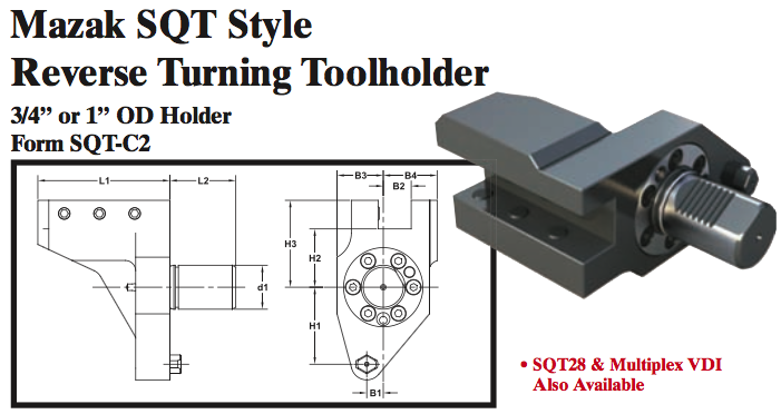 Mazak SQT Stye Reverse Turning Toolholder (3/4Ó or 1Ó OD Holder Form SQT-C2) - Part #: SQT32.1525 - Top Tool & Supply