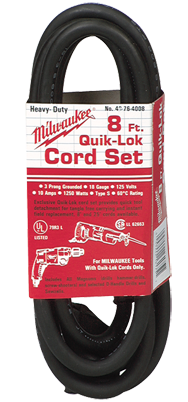 #48-76-4008 - Fits: Most Milwaukee 3-Wire Quik-Lok Cord Sets @ 8' - Replacement Cord - Top Tool & Supply