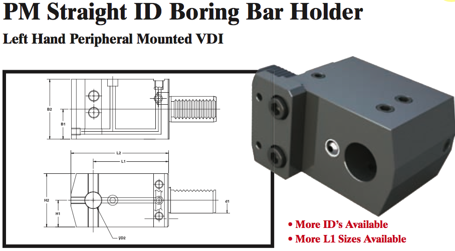 PM Straight ID Boring Bar Holder (Left Hand Peripheral Mounted VDI) - Part #: PM52.4025LL - Top Tool & Supply