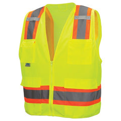 Class 2 Surveyors' Vest; Contrasting Color Strip, Zipper Closure, 8 Pockets - XL - Top Tool & Supply