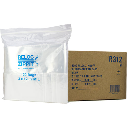 3″ × 12″ 2-MIL Clear Reloc Zippit Zipper Bags, Sold per Case of 1000 (10 boxes of 100 per case)