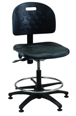 Black Polyurethane Task Stool - Adj. Contoured Backrest, Waterfall Seat, Seat and Back Tilt,  Glides Standard, Pneu Hgt. Adj., 20" Adj. Footring, Black Plastic ABS Base, Bench Hgt 23.5"-33.5" - Top Tool & Supply