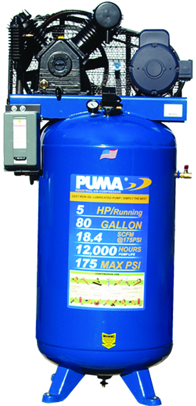 80 Gallon Vertical Tank Two Stage; Belt Drive; 5HP 230V 1PH; 18.4CFM@175PSI; 530lbs. - Top Tool & Supply