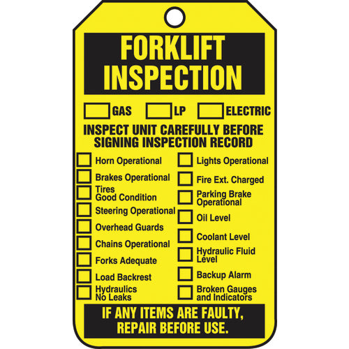 Forklift Tag, Forklift Inspection (Checklist)/Forklift Inspect, 25/Pk, Cardstock - Top Tool & Supply